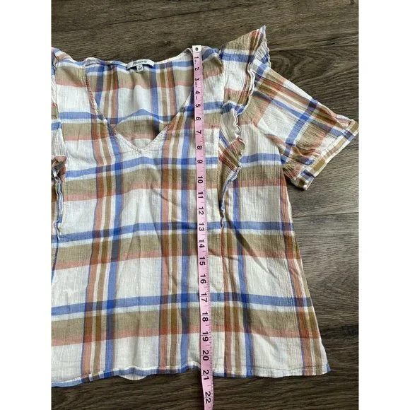EUC Womens Madewell V Neck Shoulder Ruffle Top‎ In Plaid Short Sleeve Size L - Picture 8 of 10